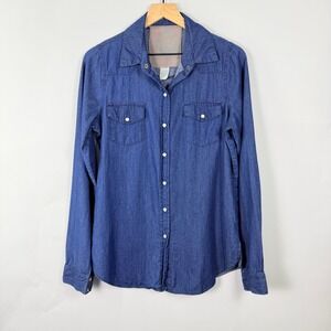 Western Denim Pearl Snap Shirt Medium Wash Cotton Long Sleeve Blue Made in USA M